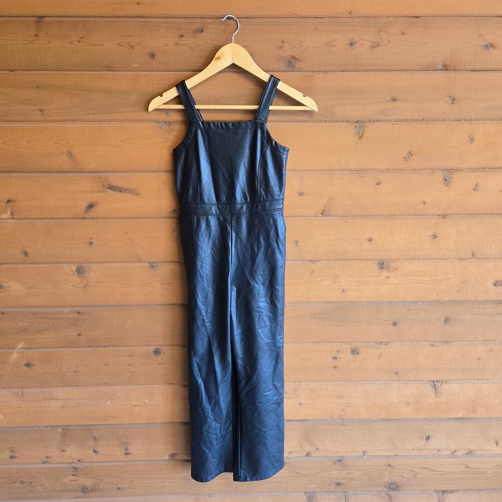 Abercrombie Kids Faux Leather Overall Jumpsuit 9/10 Black Tank Top Soft Flex Fit